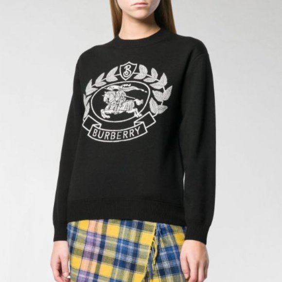 Burberry Sweaters - BURBERRY Black Merino Wool Crest Logo  crewneck Sweatshirt